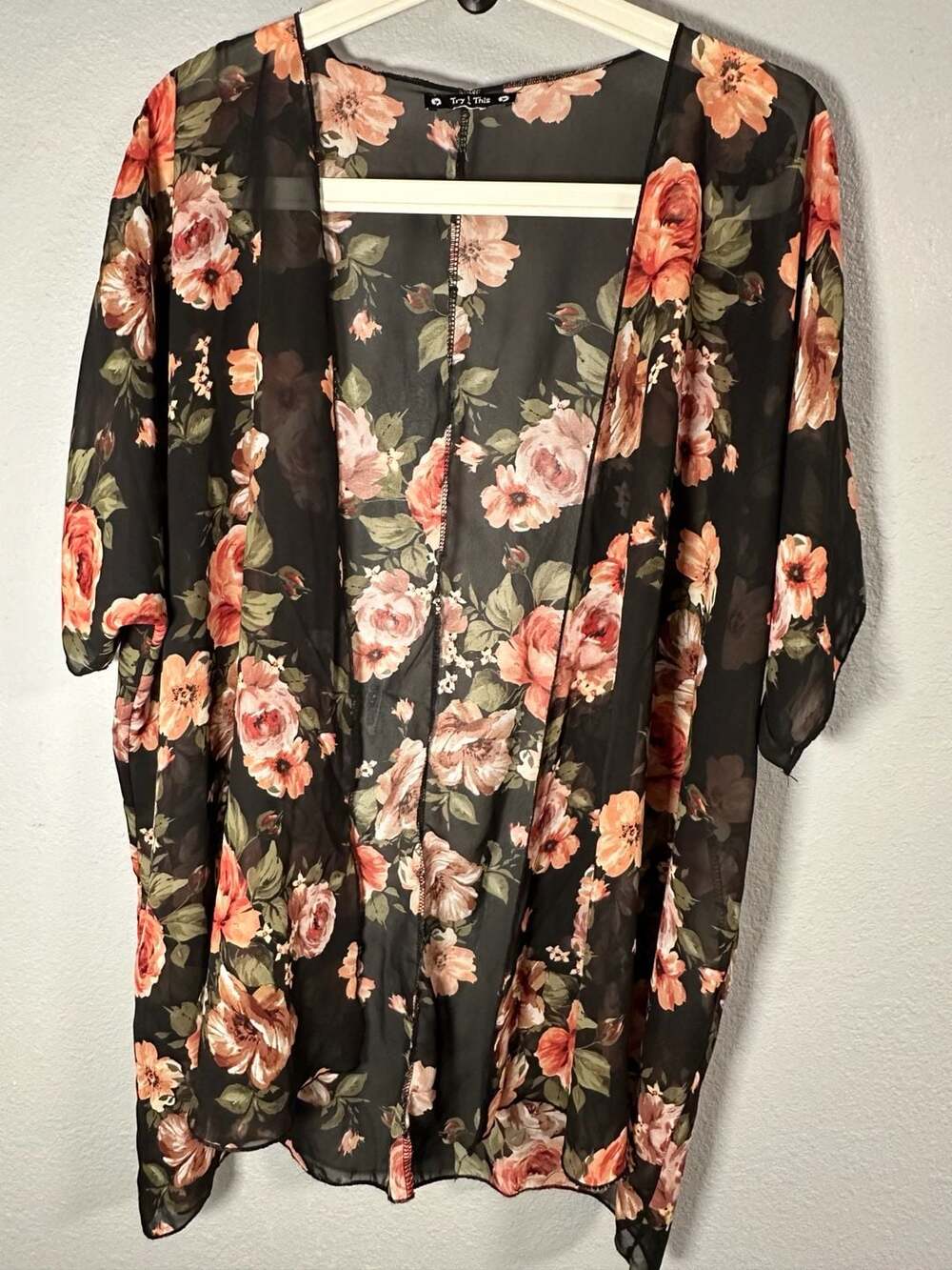 Try! This - Women's Black & Pink Floral Semi Sheer Kimono Cardigan